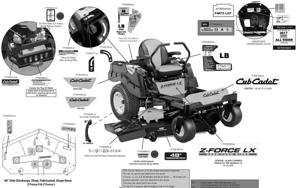 Label Map Diagram and Parts List for Z-FORCELX48KW (17AIDAUB010)(2018) Cub Cadet Lawn Tractor